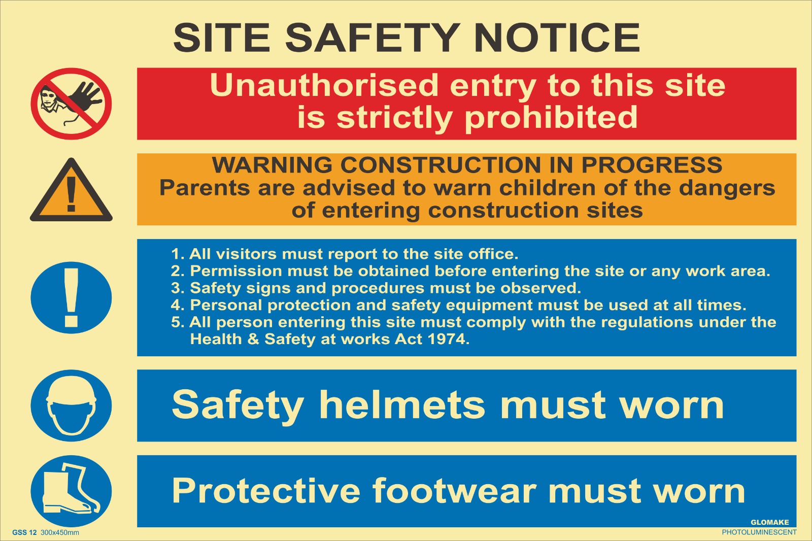 SITE SAFETY NOTICE
UNAUTHORISED ENTRY TO THIS SITE IS STRICTLY PROHIBITED
WARNING CONSTRUCTION IN PROGRESS
VISITOR FOLLOW THE INSTRUCTION
SAFETY HELMETS MUST WORN
PROTECTIVE FOOTWEAR MUST WOR